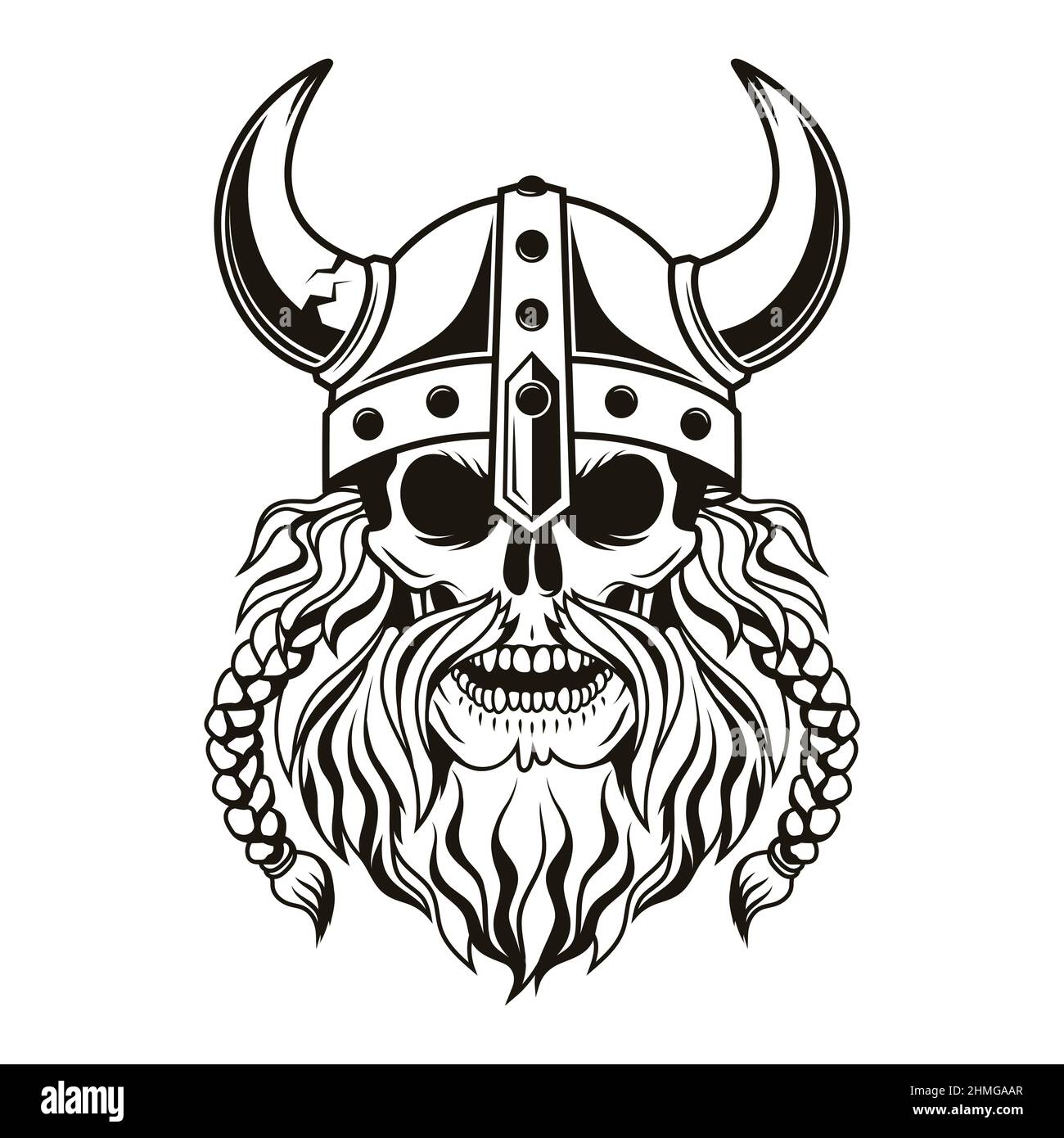 Cranio vichingo guerriero con casco cornato. Illustrazione vettoriale. Illustrazione Vettoriale