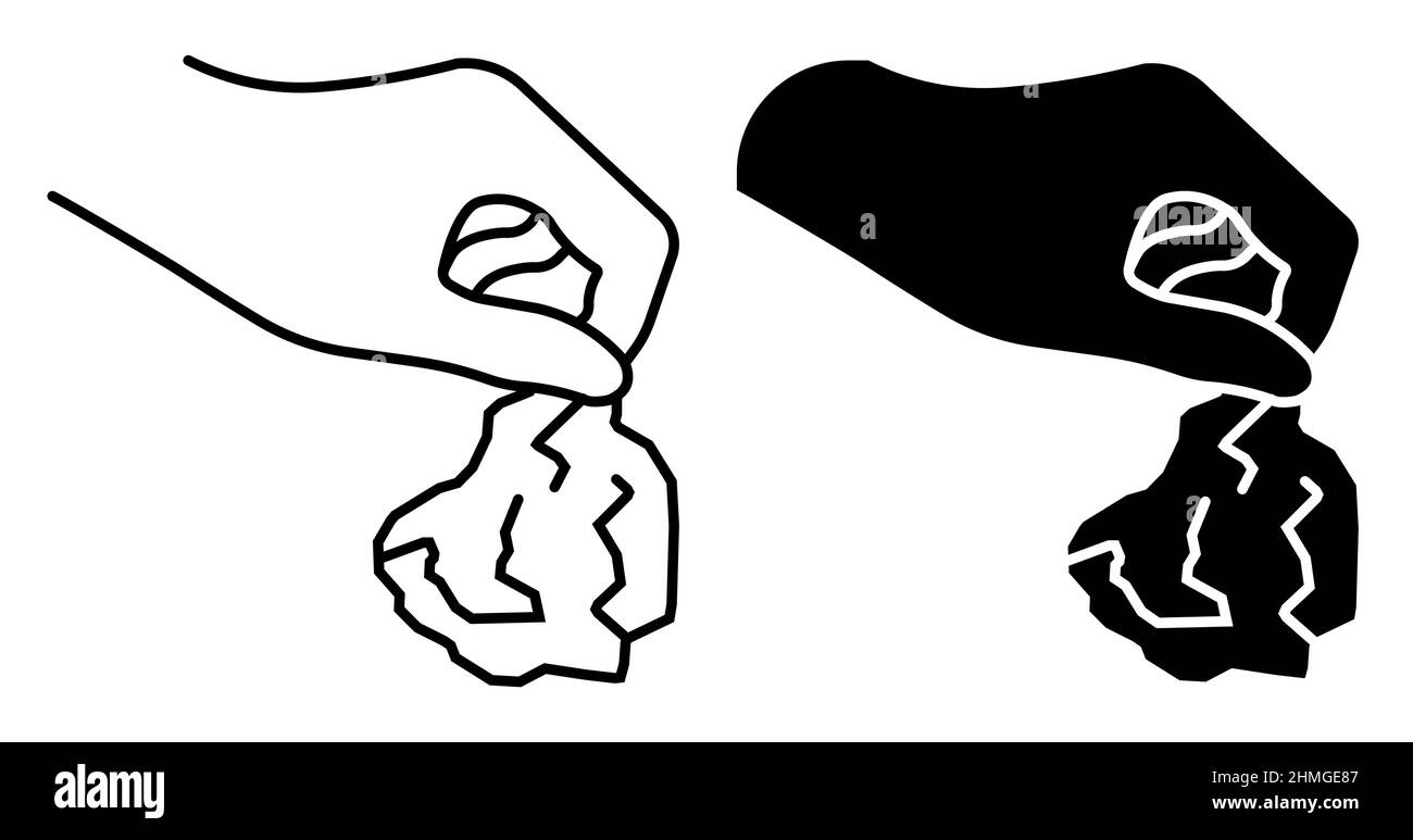 Icona linea. La mano getta il tovagliolo di carta usato nei rifiuti. Smaltimento e riciclaggio dei rifiuti domestici. Semplice vettore bianco e nero isolato su fondo bianco Illustrazione Vettoriale