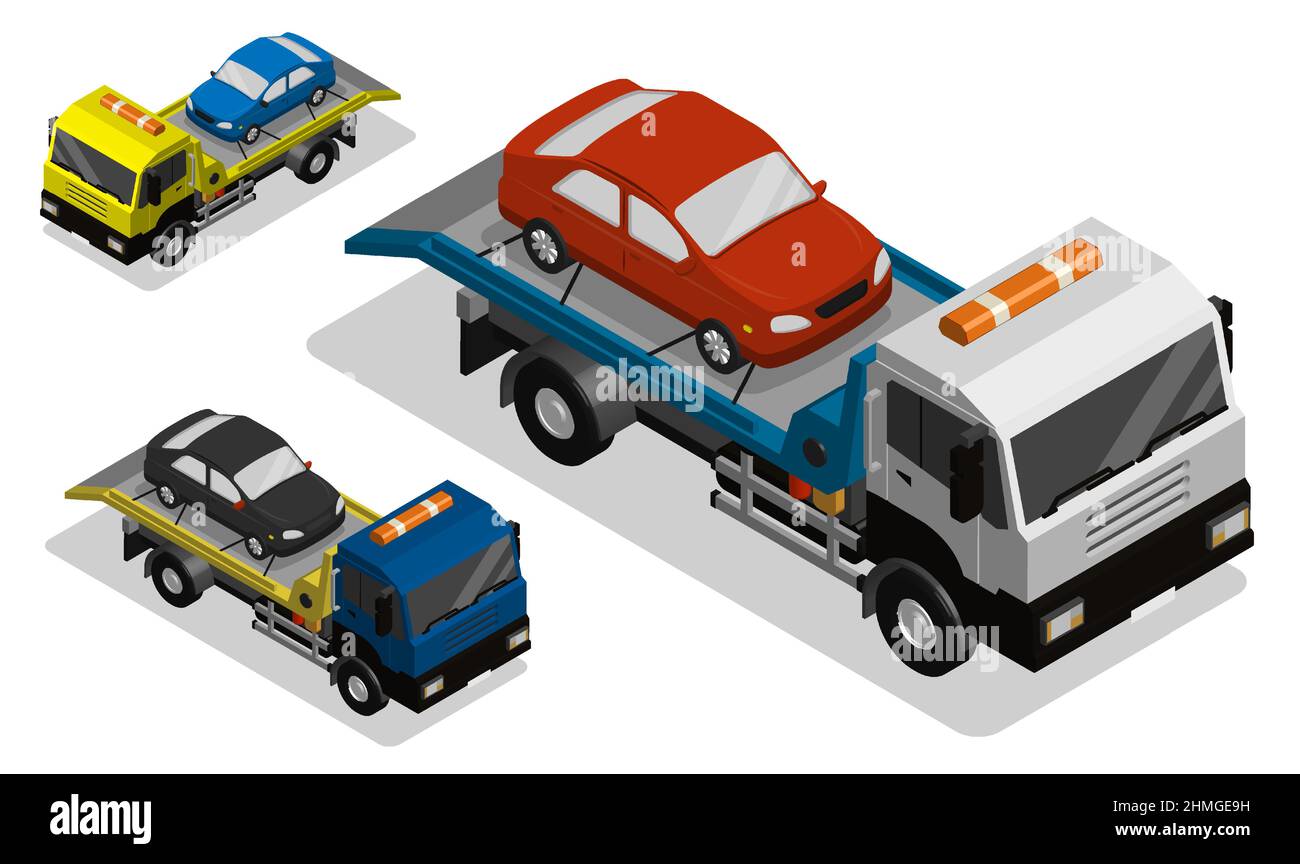 Veicolo isometrico per l'evacuazione di vetture rotte. Trainare il carrello per il trasporto all'impound dell'auto. Vettore realistico 3D isolato su sfondo bianco Illustrazione Vettoriale