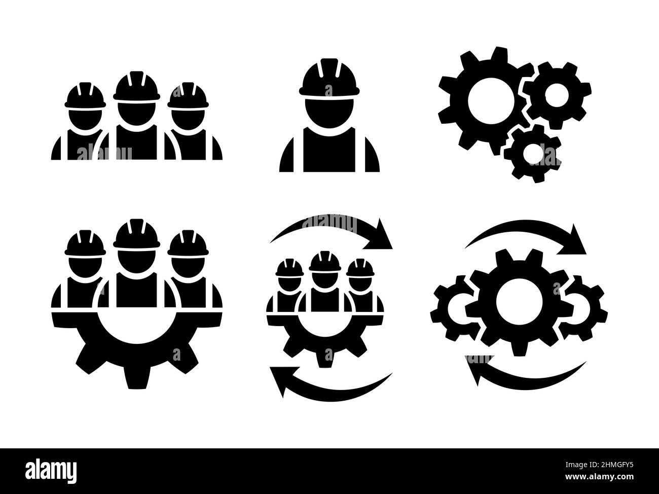 Icona dei lavoratori edili in piano. Simbolo dell'appaltatore di edifici su bianco. Lavoratori industriali con attrezzature. Icona del lavoro di squadra. Costruttori astratti ic Illustrazione Vettoriale