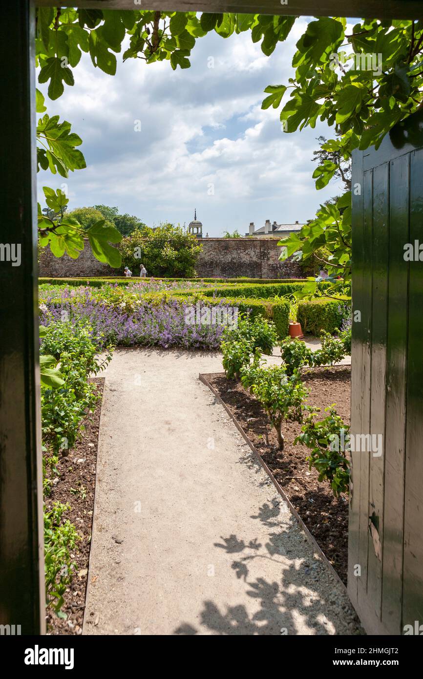 Entrando nel bellissimo giardino dei fiori recintato, Lost Gardens of Heligan, Cornovaglia, Regno Unito Foto Stock