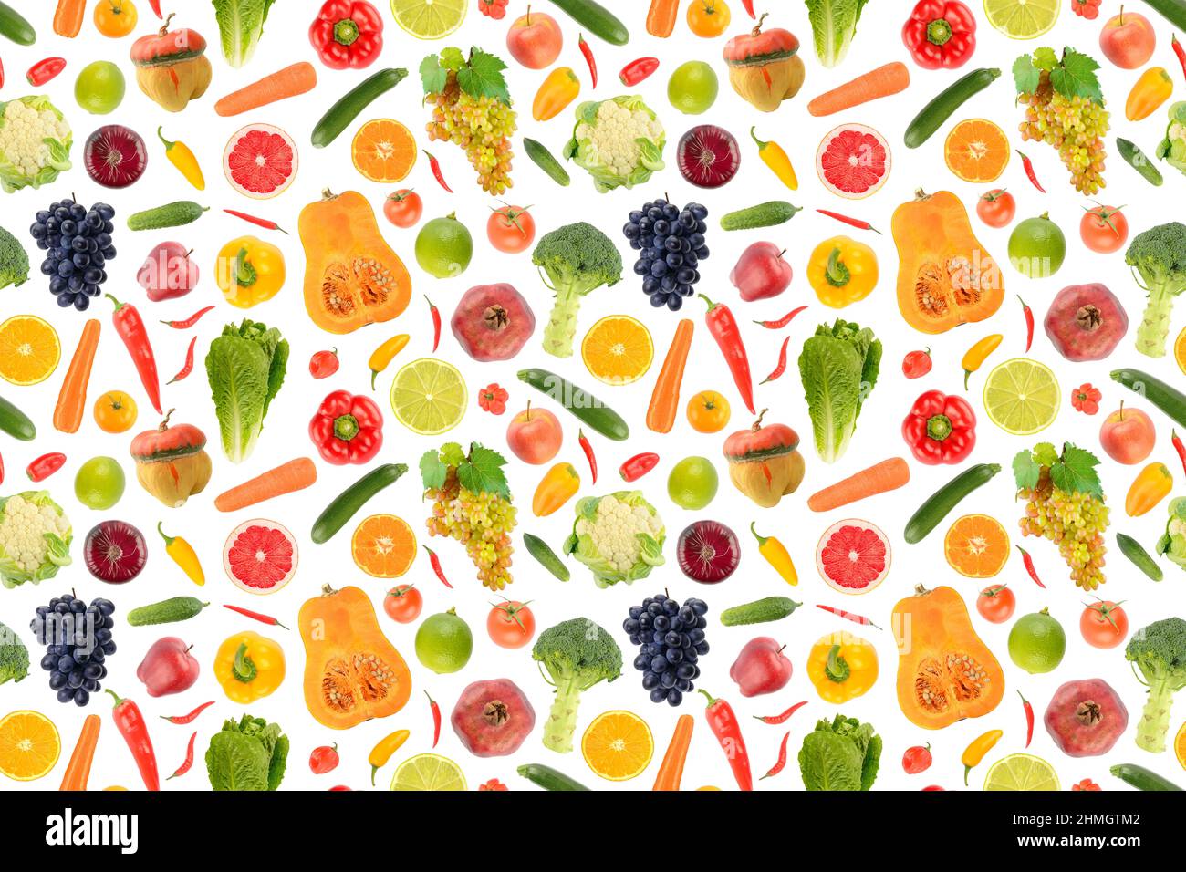 Pattern astratto senza giunture. Grande collezione di verdure fresche e frutta isolate su sfondo bianco. Foto Stock