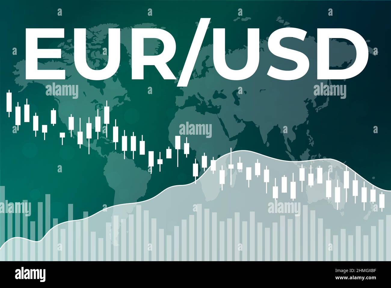 EUR USD grafico su sfondo verde scuro finanza da colonne, candele, linea, mappa del mondo. Concetto di mercato finanziario Illustrazione Vettoriale