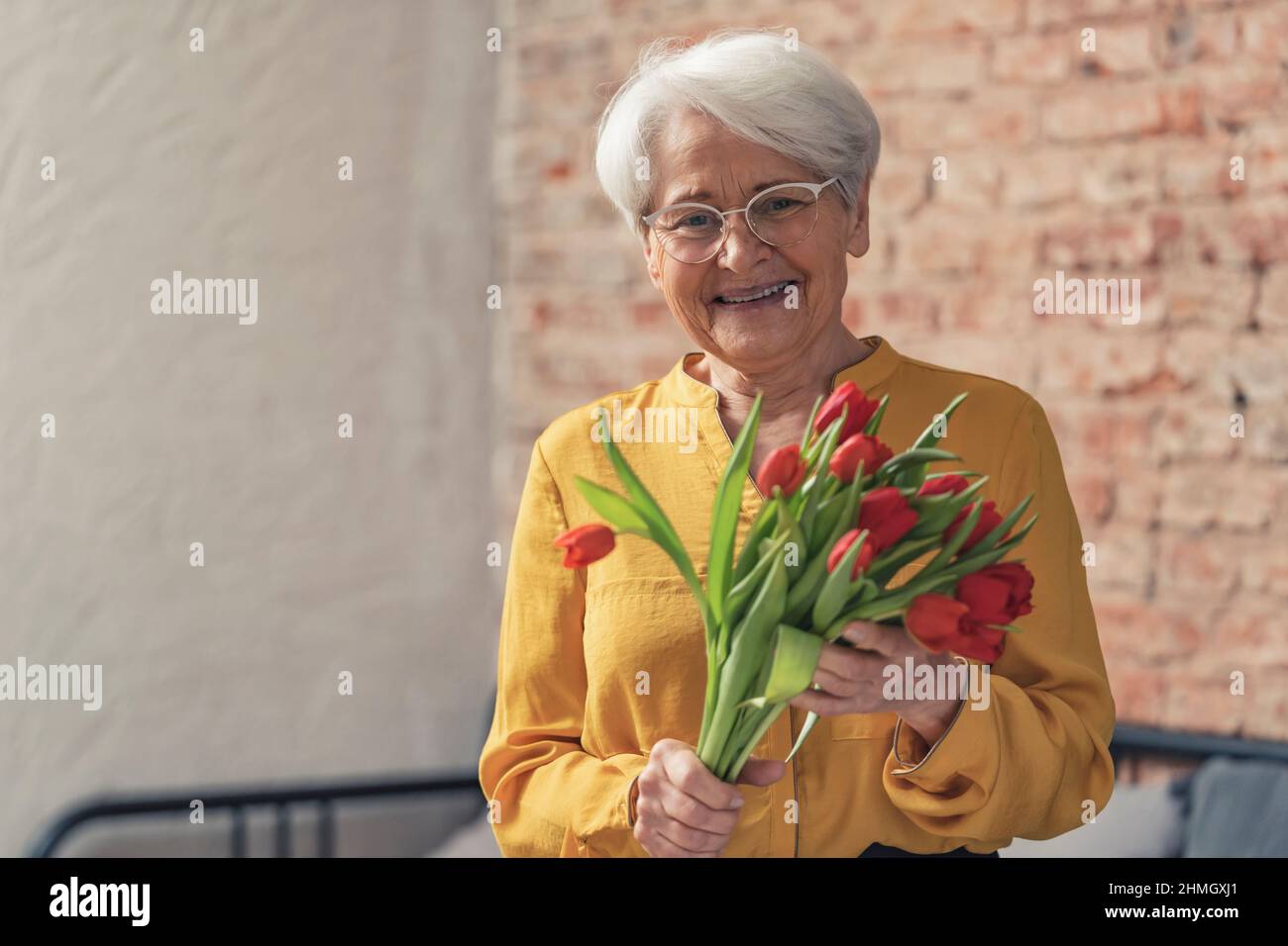 Donna anziana dai capelli grigi ottiene i fiori rossi bei per il giorno del nonno nazionale. Foto di alta qualità Foto Stock