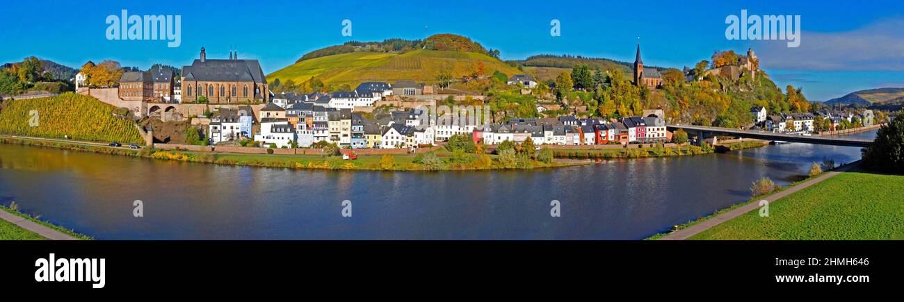 Saarburg an der Saar, città bassa di Staden con Chiesa di San Lorenzo, Chiesa e Castello protestante, Valle di Saar, Saarburger Land, Parco Naturale Saar-Hunsrück, Renania-Palatinato, Germania Foto Stock