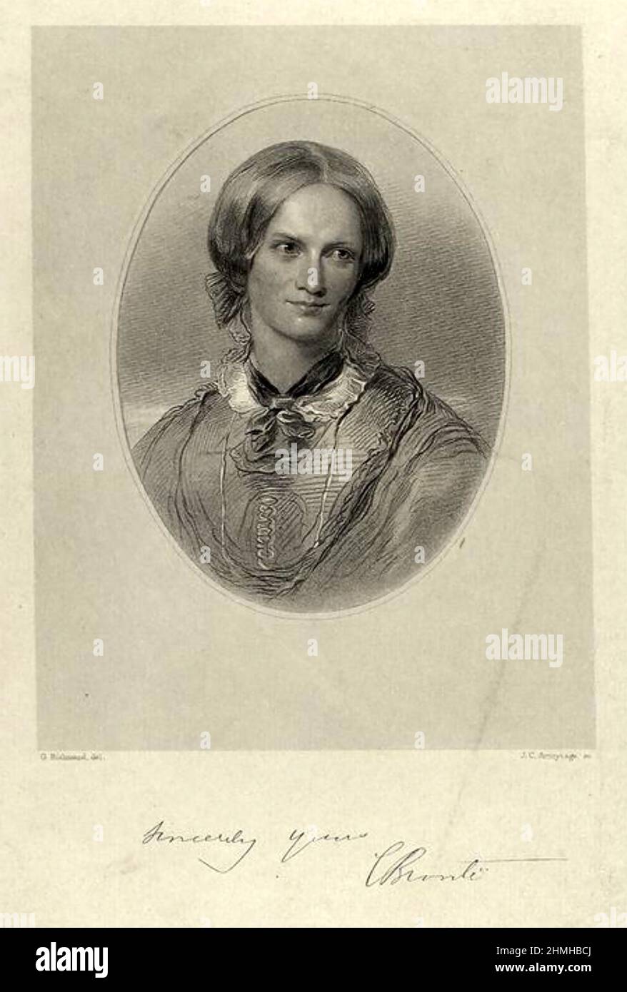 CHARLOTTE Brontë (1816-1855) ha firmato un ritratto inciso di romanziere inglese da un disegno del 1850 di George Richmond Foto Stock