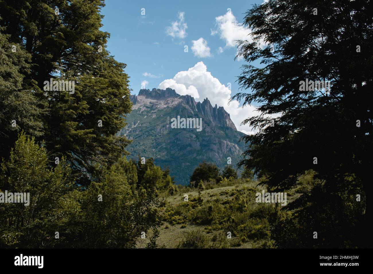 Alte montagne nel lago Huechulafquen, coperte di alberi e nuvole, Patagonia, Ande, Argentina Foto Stock