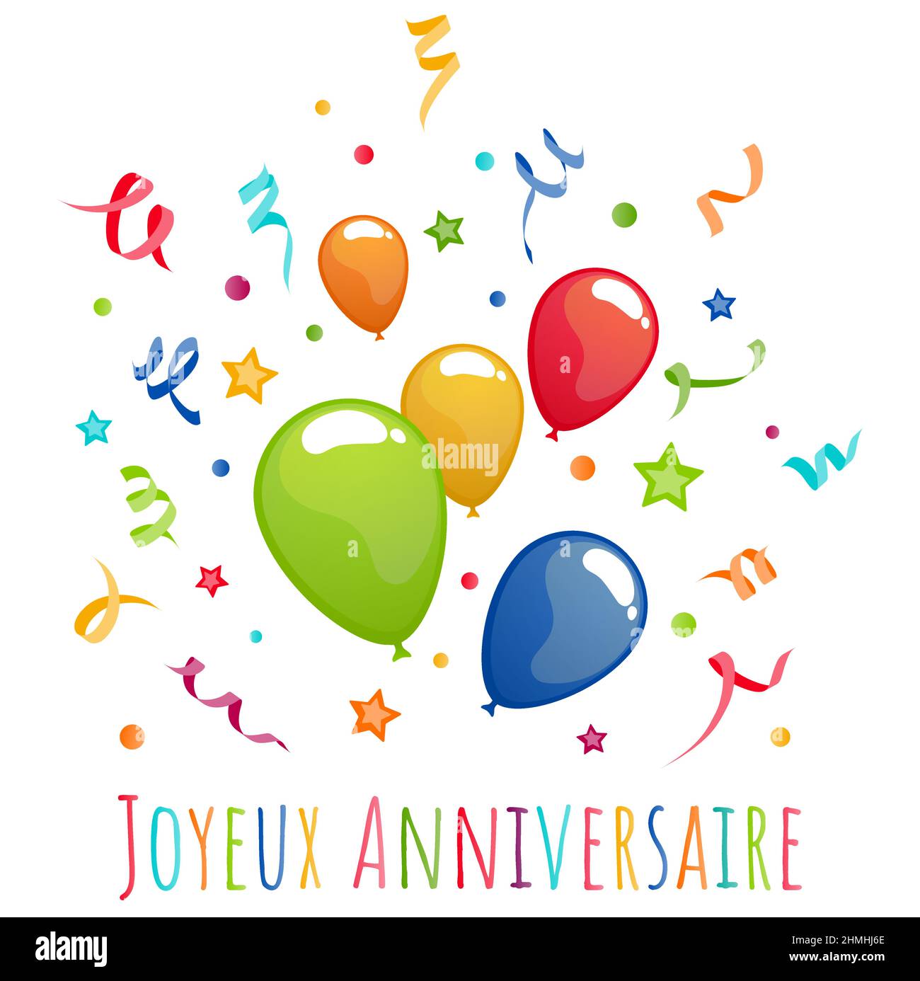 illustrazione vettoriale eps di palloncini volanti di colore diverso, streamers, confetti e stelle esplodere, testo buon compleanno (in lingua francese), utilizzare f Illustrazione Vettoriale