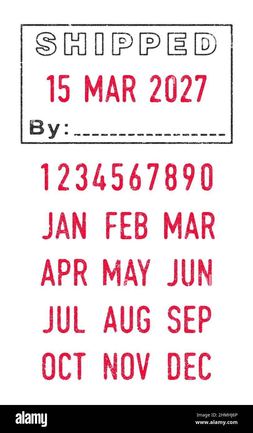 Illustrazione vettoriale del timbro spedito e delle date modificabili (giorno, mese e anno) in timbri a inchiostro Illustrazione Vettoriale