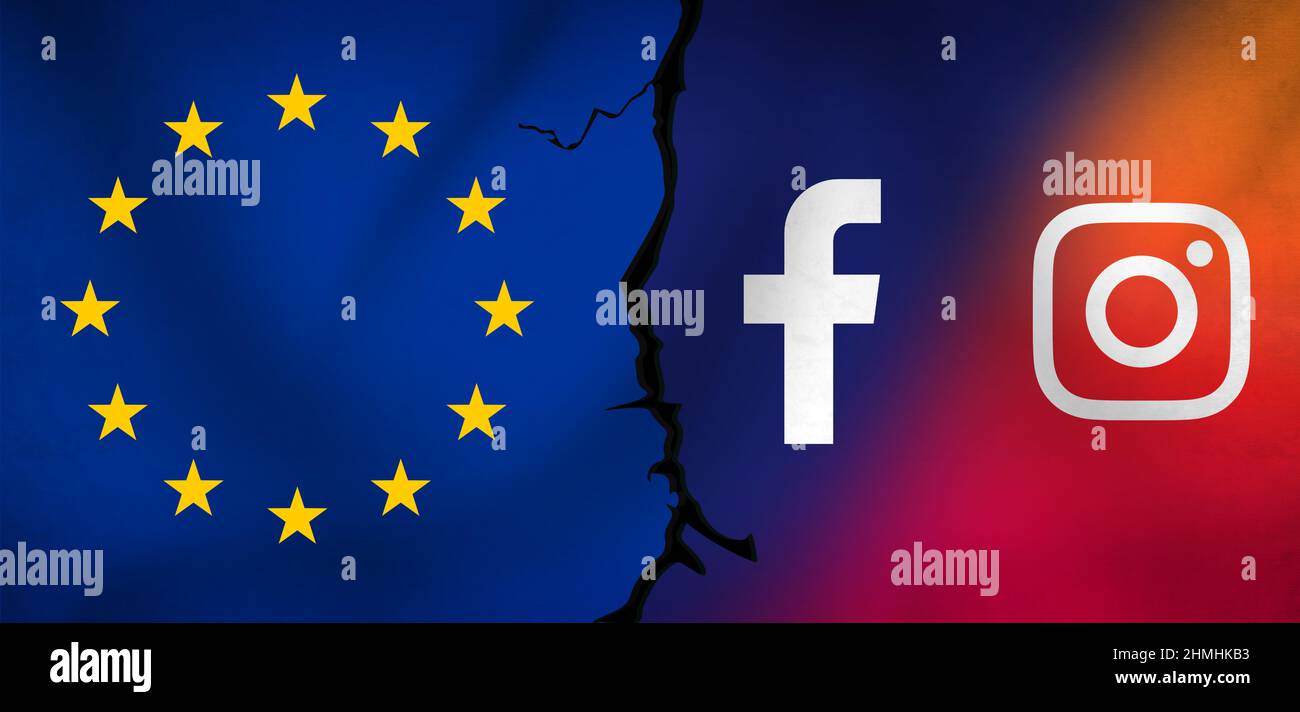 L'Unione europea si scontro con il gigante dei social media a causa della politica sui dati e sui server. Notizie editoriali concetto di sfondo Foto Stock