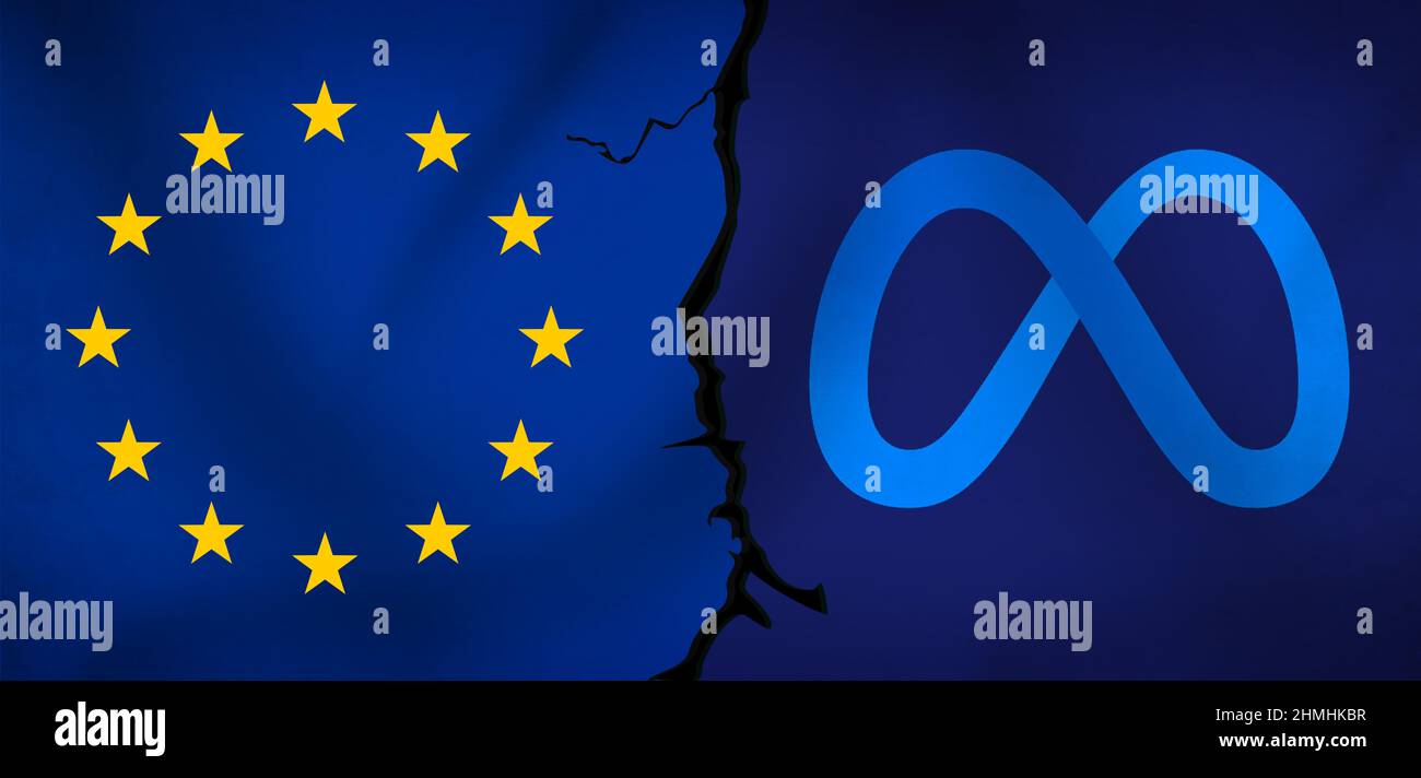 Social Media Giant vs Europe Union Clash Over Data Policy Editorial background. Astratto concetto di tecnologia sfondo Foto Stock