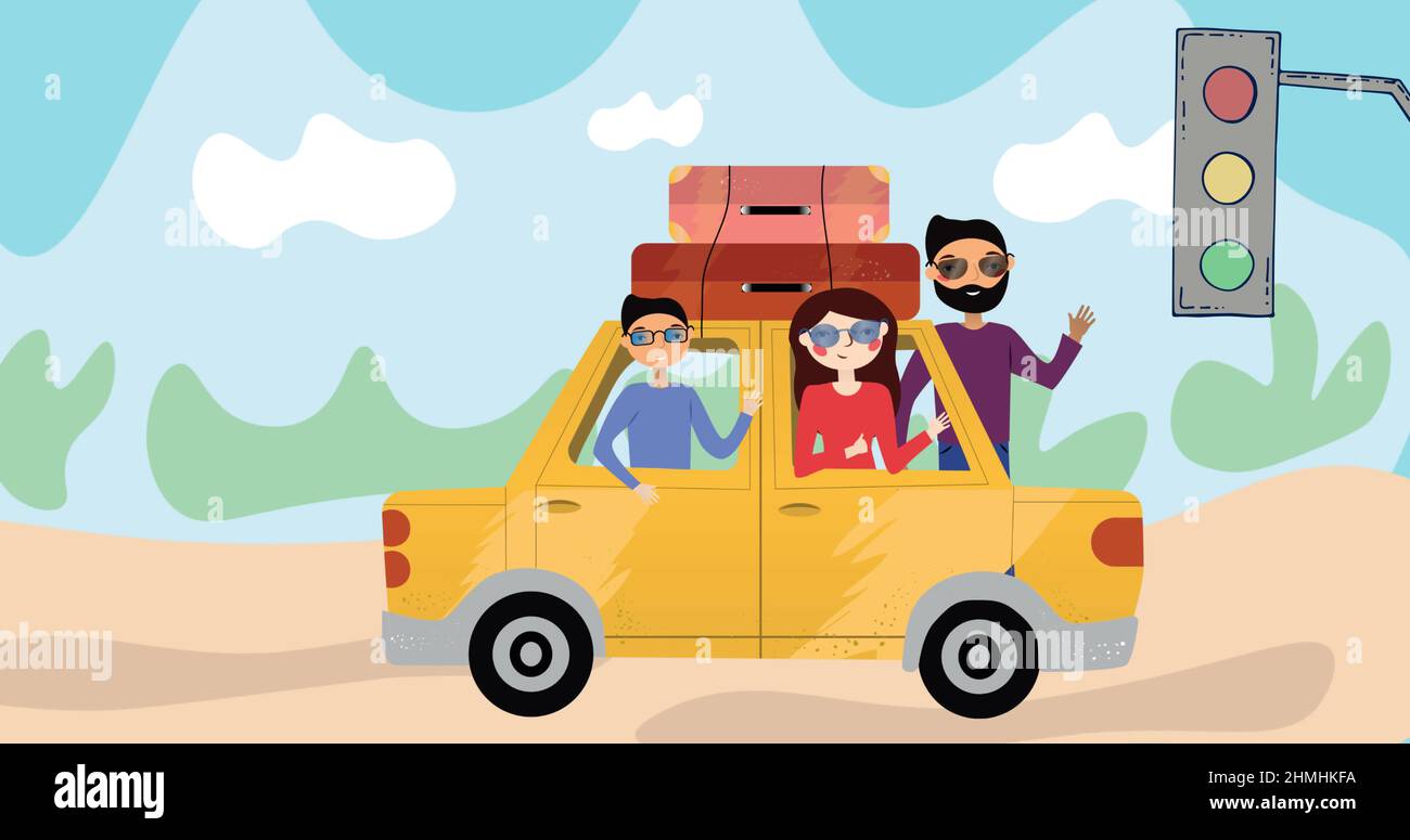 Composizione di genitori e bambini felici che viaggiano in vacanza insieme in auto, con sfondo rurale Foto Stock