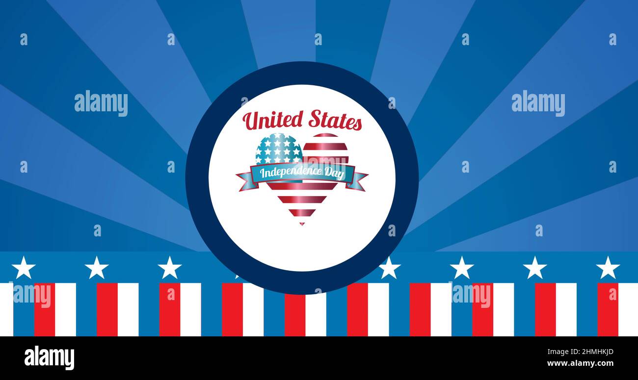 Immagine del testo del giorno dell'indipendenza degli stati uniti sul cuore e sulla bandiera americana Foto Stock