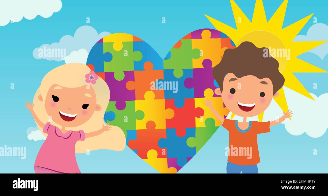 Immagine di cuore in autismo consapevolezza puzzle su ragazza e ragazzo con il sole su cielo blu Foto Stock
