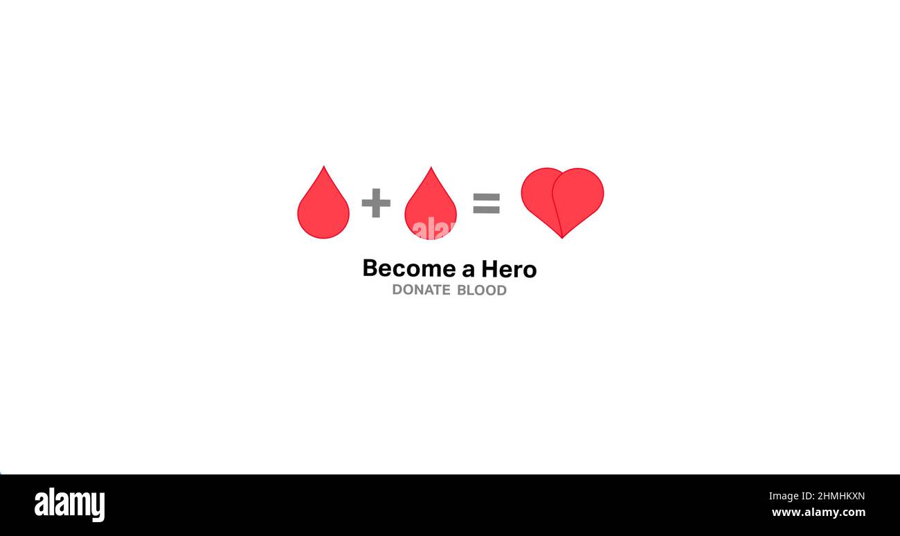 Immagine di donare il testo del sangue con due gocce che fanno il logo del cuore, sopra l'infermiera che dà l'esame del sangue del donatore Foto Stock