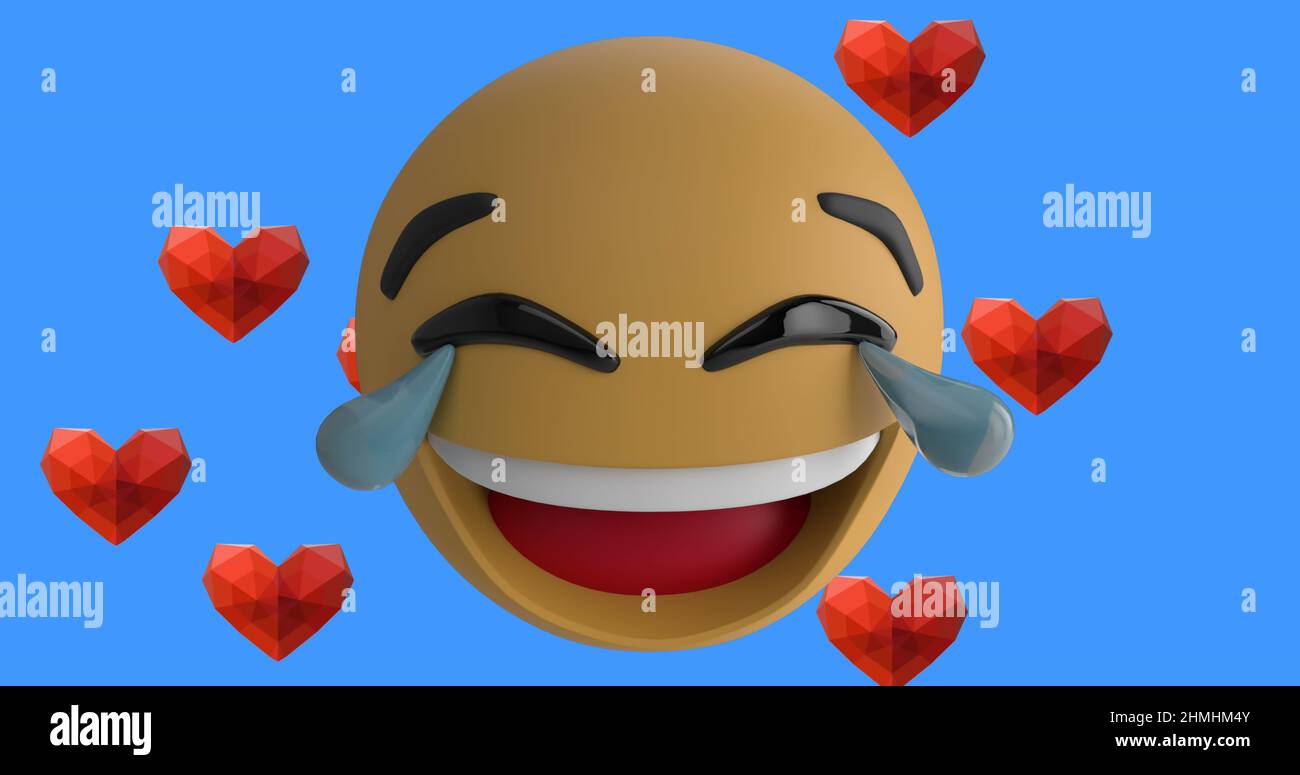 Ridendo faccia emoji su più icone rosse del cuore che galleggiano su sfondo blu Foto Stock