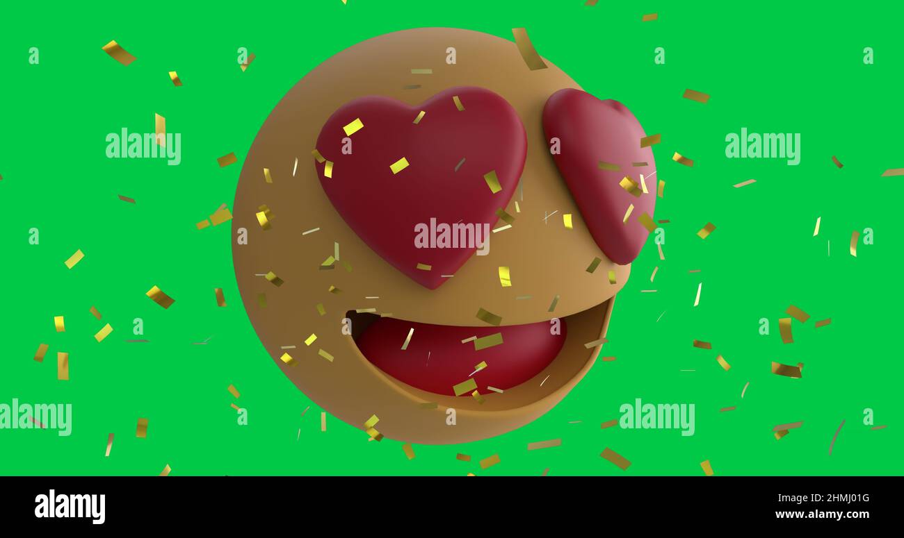 Immagine di rosso cuore amore emoji icona su sfondo verde schermo con confetti Foto Stock