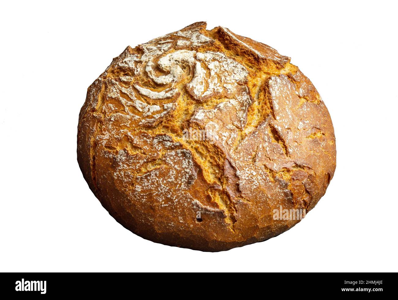 Isolato su bianco artigianale bauernbrot bun sourdough pane fatto a mano Foto Stock