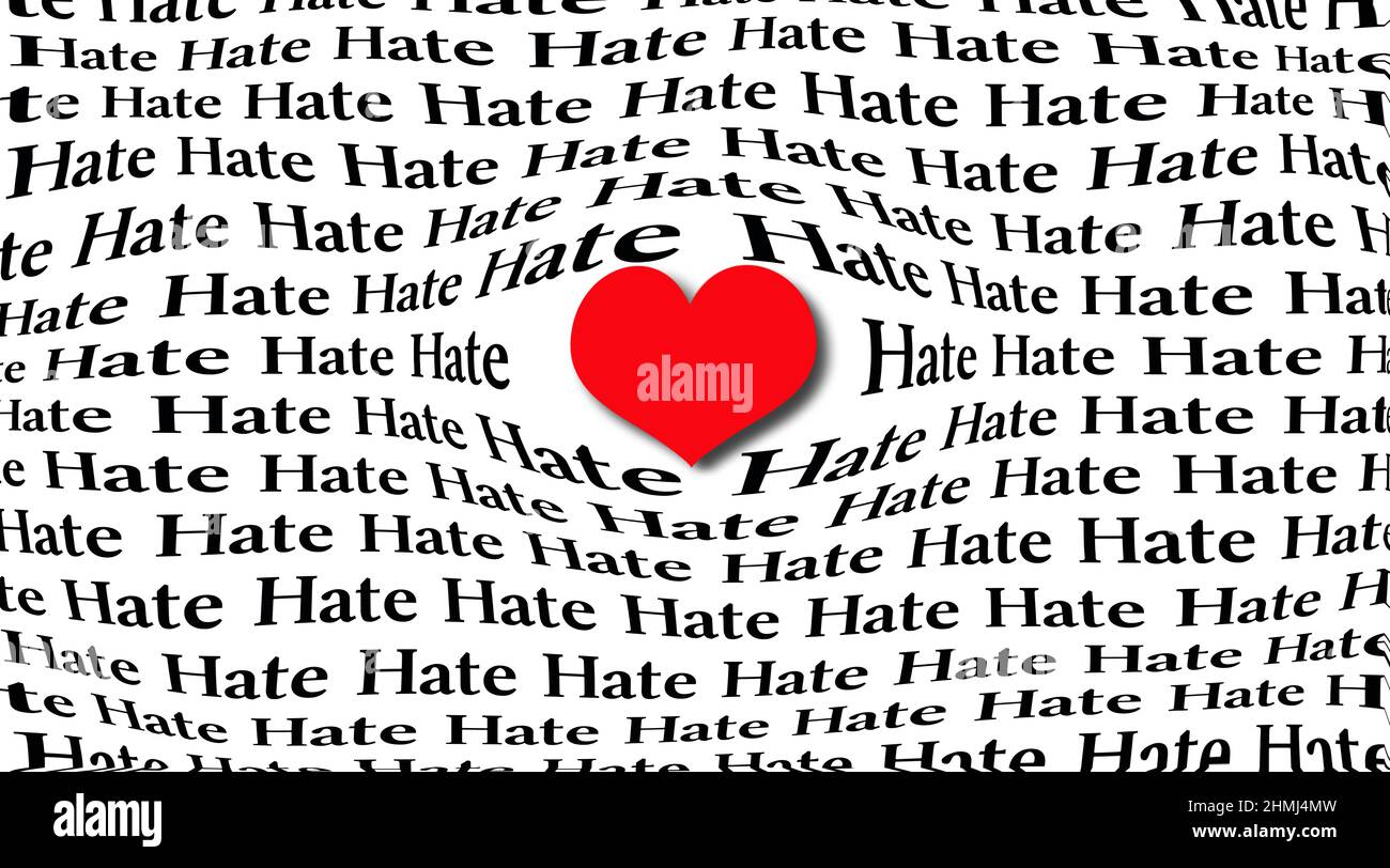Parole di odio circondato dal grande cuore rosso che simboleggia l'amore che è più potente di odio Foto Stock