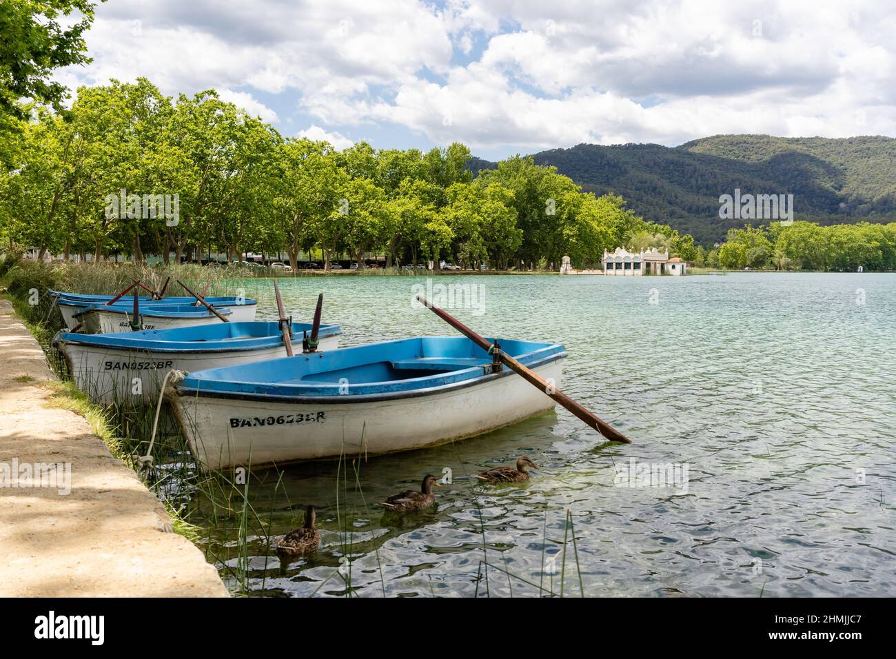 Paesaggio soleggiato del lago di Banyoles in Catalogna, Spagna, con alcune barche e anatre Foto Stock