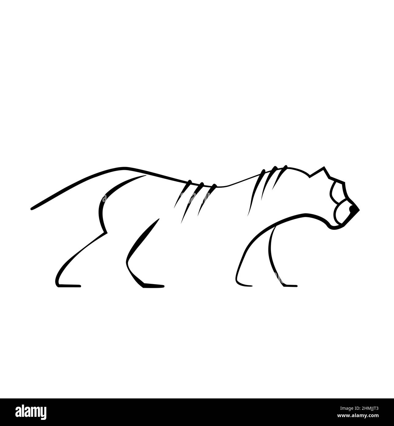Semplice logo Tiger bianco e nero, vista laterale di una Tiger. Illustrazione Vettoriale