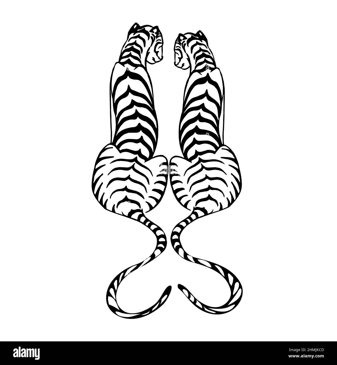 Due tigri innamorate, disegno in bianco e nero a inchiostro lineare. Illustrazione Vettoriale
