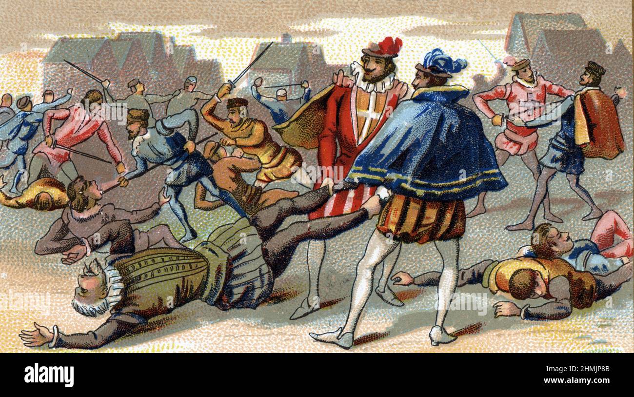 Representation de l'assassinat de Gaspard II de Coligny dans le quartier Saint-Germain-l'Auxerrois a Paris la nuit du massacro de la Saint Barthelemy 24 aout 1572 (massacro del giorno di San Bartolomeo : morte di Gaspard II de Coligny 24th agosto 1572) Chromolithographie de la fin du 19eme siecle Collection privee@ Foto Stock