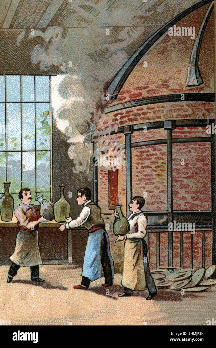 Fabbricazione : fabbricazione di porcellane : l'etape de la cuisson (produzione porcellana: Cottura) Chromolithographie de la fin du 19eme siecle Collection privee Foto Stock