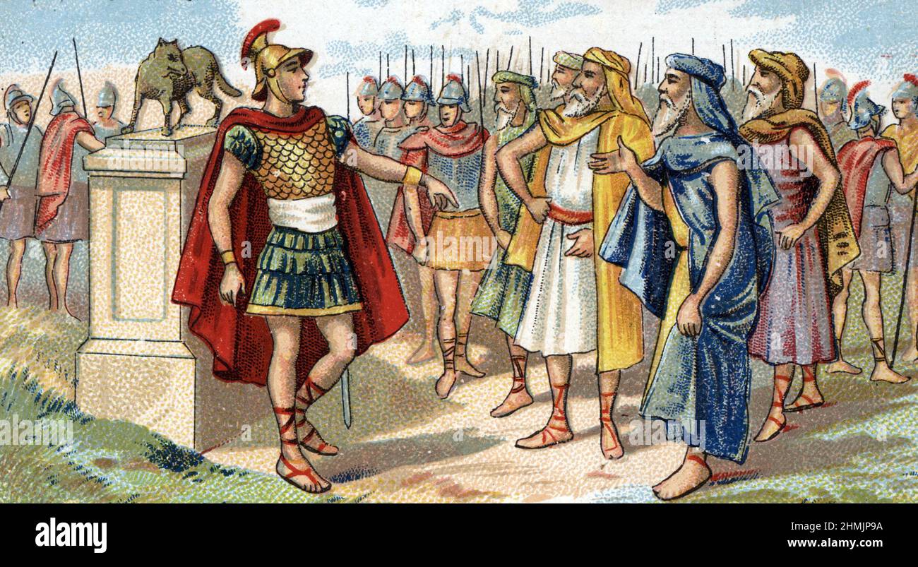 Representation du console romain Pompee dit le Grand (106-48 avant JC) General et homme d'etat romain s'exclamant 'JE n'ai qu'a frapper la terre du pied et il en sortira des legions » (Gnaeus Pompeo Magnus o Pompeo, il grande generale e statista romano) Chromolithographie de la fin du 19eme siecle Collection privee Foto Stock