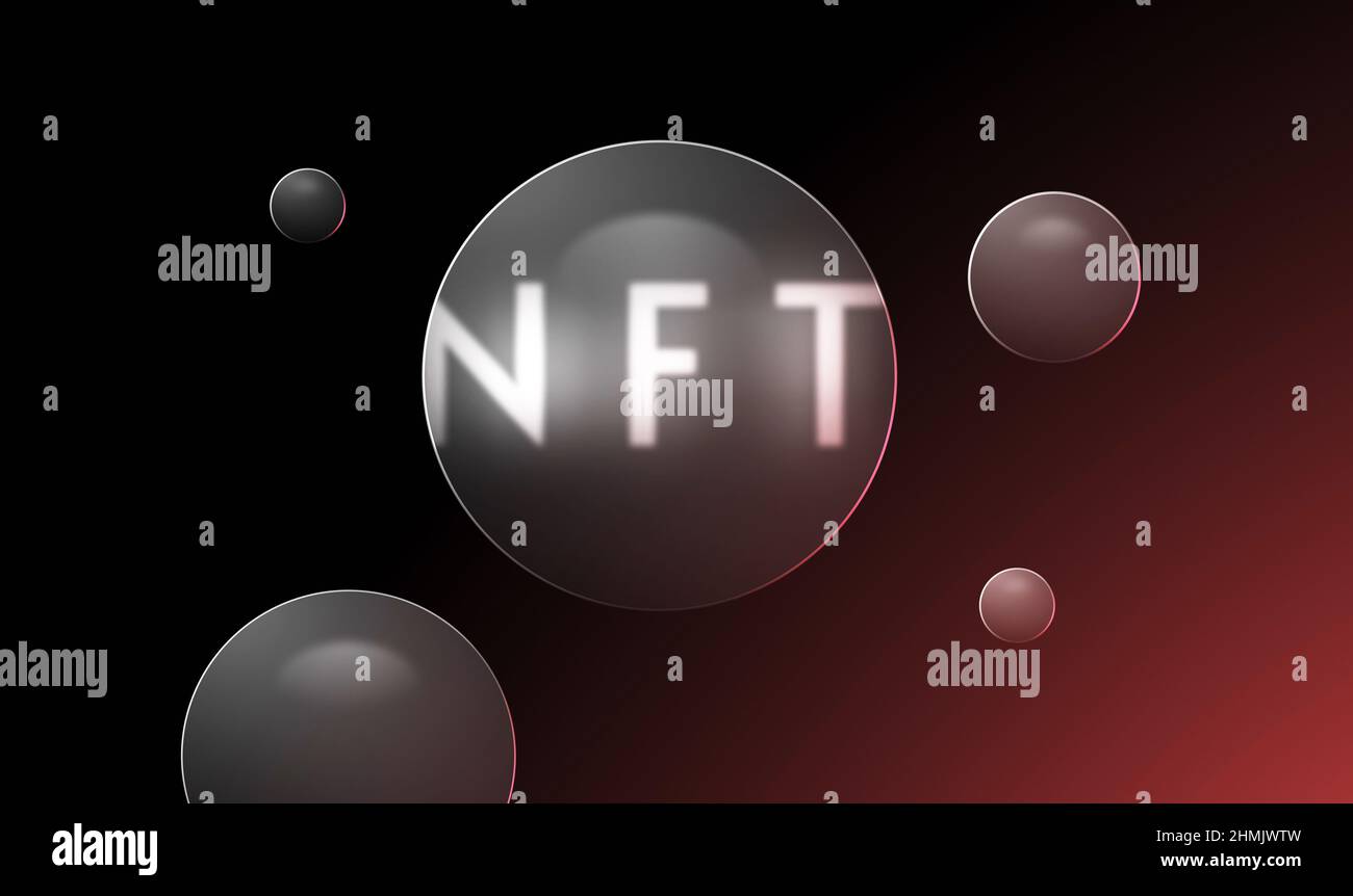 NFT in una bolla, gettoni non fungibili, cripto-arte su sfondo astratto colorato. Paga per collezionabili unici nei giochi o art. 3D render crypto art co Foto Stock