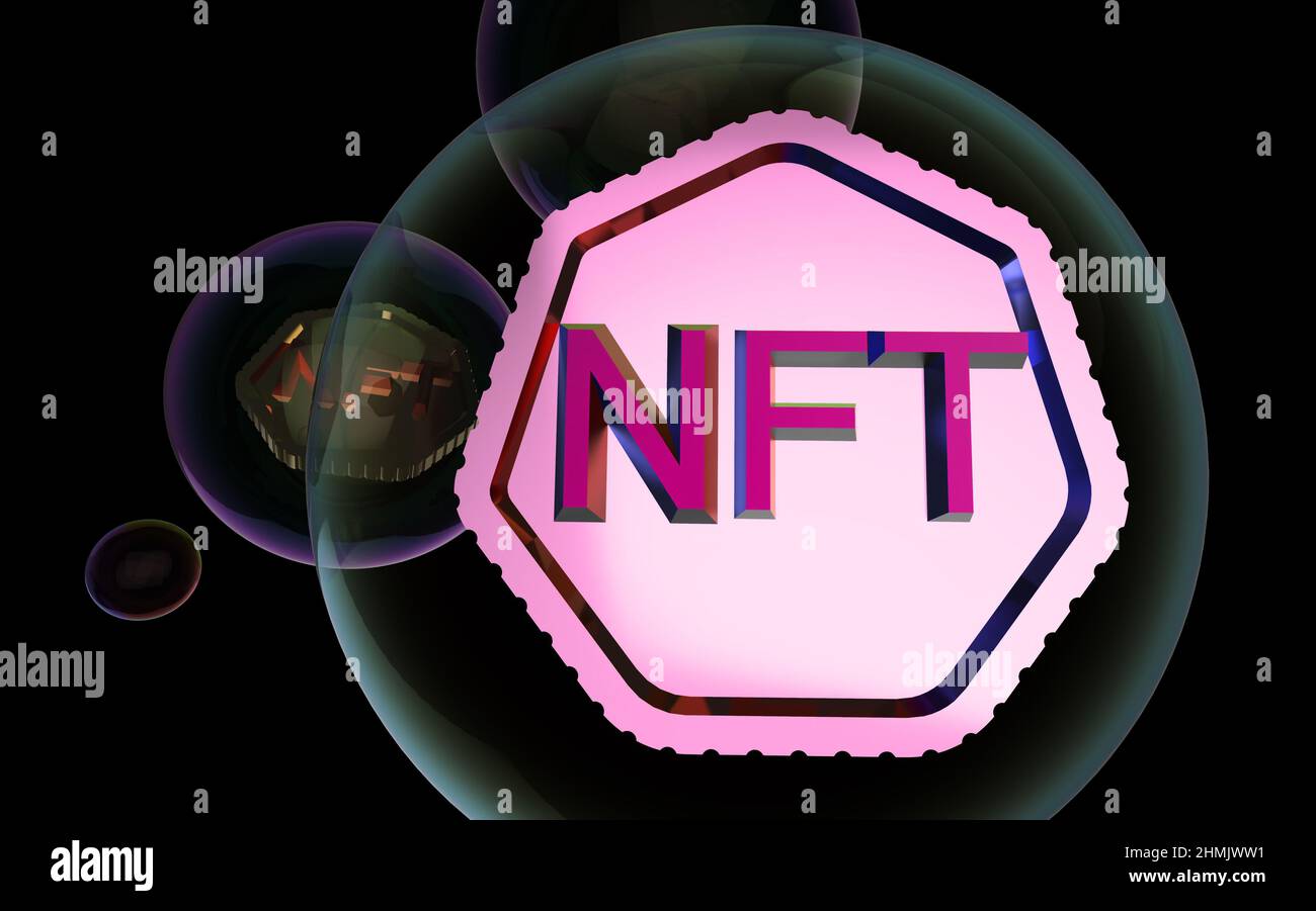 NFT in una bolla, gettoni non fungibili, cripto-arte su sfondo astratto colorato. Paga per collezionabili unici nei giochi o art. 3D render crypto art co Foto Stock