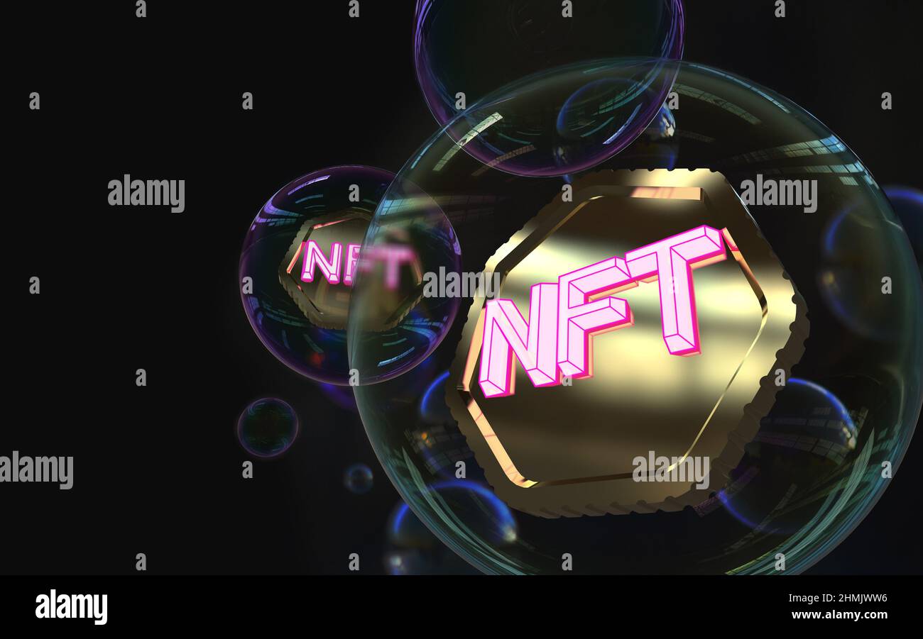 NFT in una bolla, gettoni non fungibili, cripto-arte su sfondo astratto colorato. Paga per collezionabili unici nei giochi o art. 3D render crypto art co Foto Stock