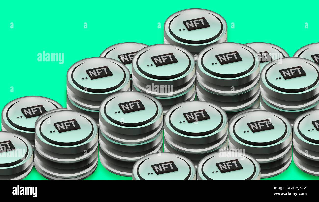 NFT non fungibile token scripto art su sfondo astratto colorato. Paga per i collezionabili unici nei giochi o art. 3D render NFT cripto art collectibles Foto Stock