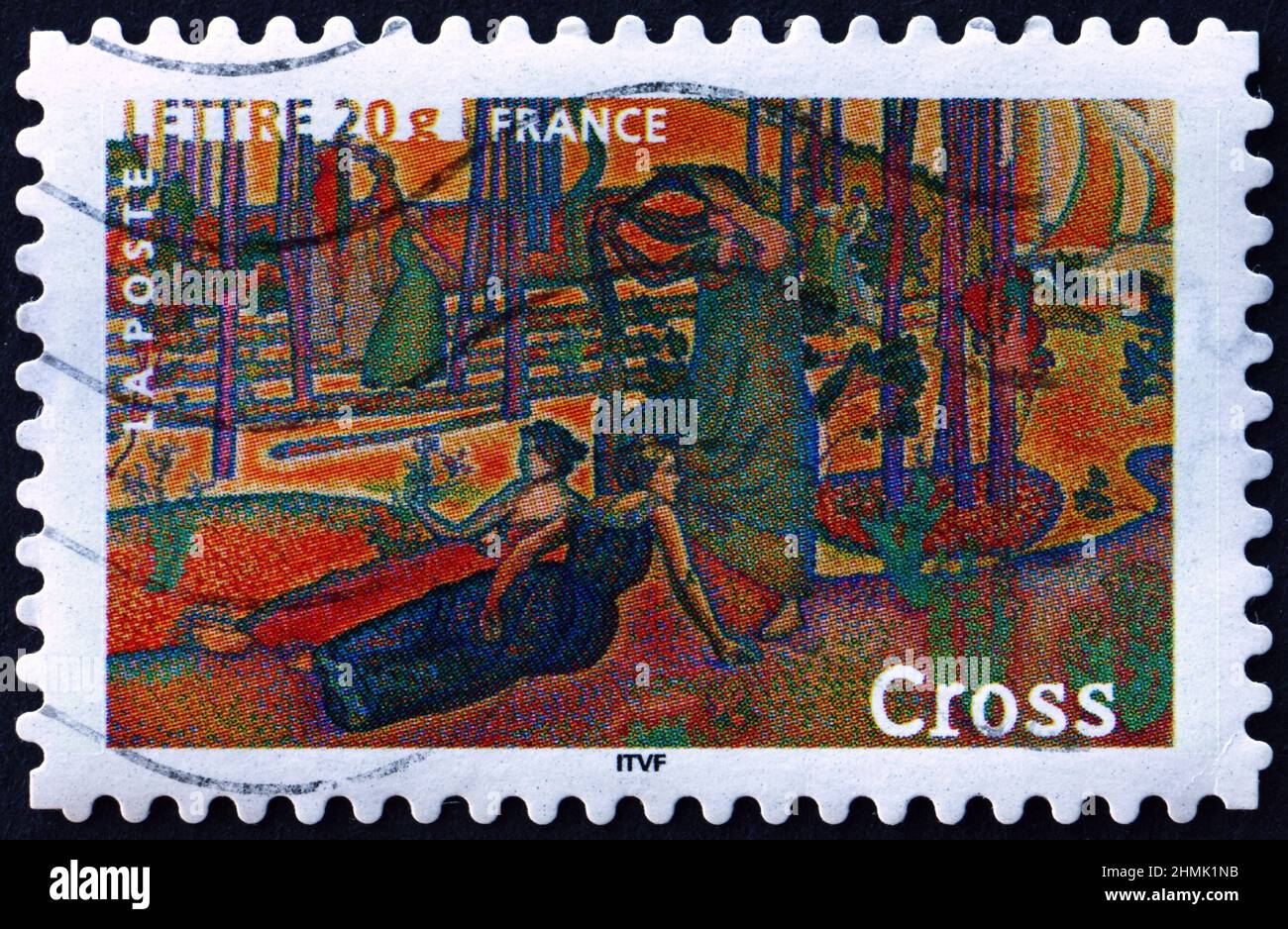 FRANCIA - CIRCA 2006: Un francobollo stampato in Francia mostra l'aria della sera, dipinto di Henri-Edmond Cross, pittore francese, circa 2006 Foto Stock