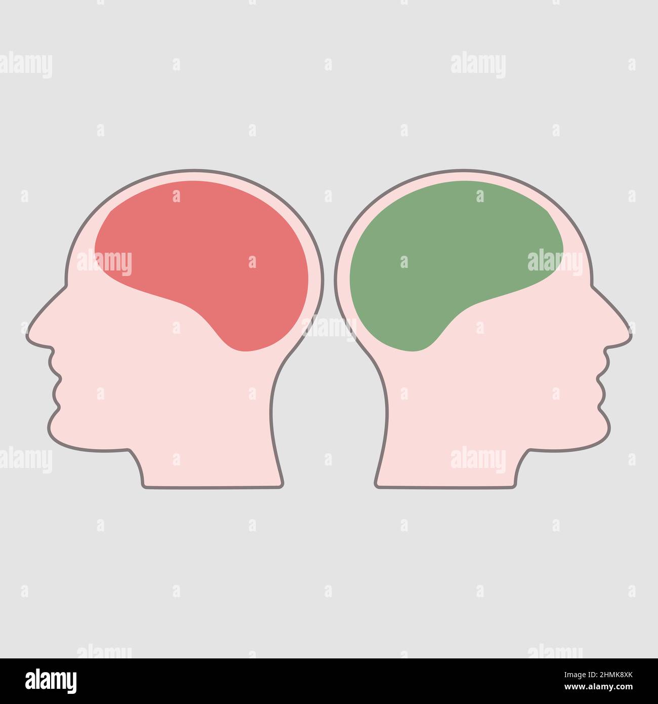 Testa maschile umana con cervello verde e rosso, simbolo di salute mentale, emozioni felici e tristi, semplice illustrazione vettoriale Illustrazione Vettoriale