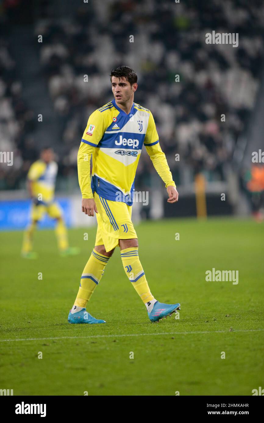 Torino, Italia. 10th Feb 2022. Alvaro Morata del Juventus FC durante la Coppa Italia, Coppa Italia, quarto finale di partita di calcio tra Juventus e Sassuolo il 10 febbraio 2022 allo Stadio Allianz di Torino - Photo Nderim Kaceli/DPPI Credit: DPPI Media/Alamy Live News Foto Stock