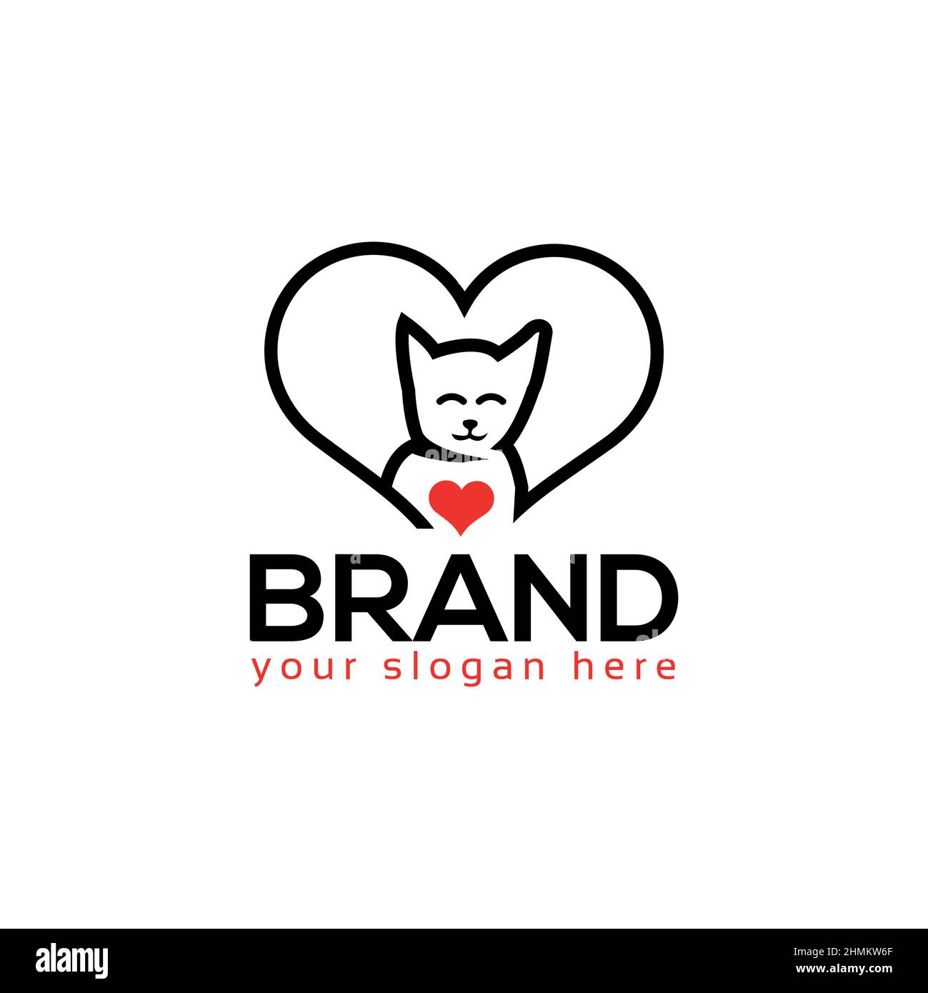 Amore gatto logo vettore. Design piatto. Illustrazione vettoriale su sfondo bianco. Illustrazione Vettoriale