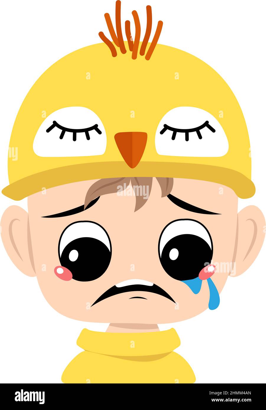 Avatar di ragazzo con occhi grandi e piangere e lacrime emozione, volto triste, occhi depressivi in cappello di pollo. Bambino con espressione malinconia per Pasqua, Capodanno o costume per la festa. Illustrazione piatta vettoriale Illustrazione Vettoriale