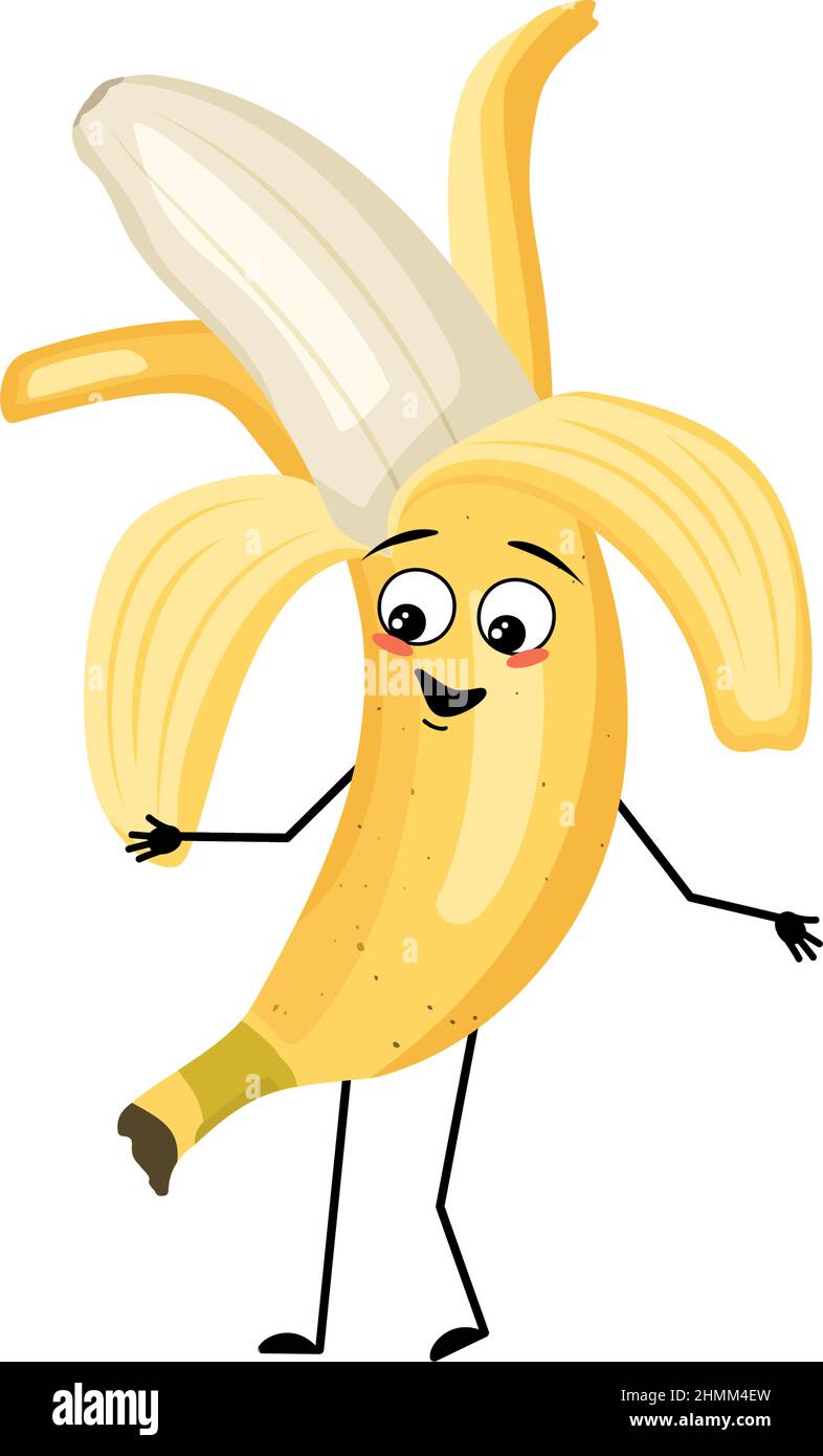 Banana personaggio con allegra emozione, viso gioioso, occhi sorridenti, braccia e gambe. Persona con espressione, emoticon di frutta. Illustrazione piatta vettoriale Illustrazione Vettoriale