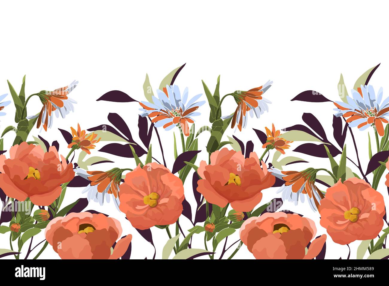Motivo floreale vettoriale senza cuciture, bordo. Illustrazione panoramica orizzontale con fiori di colore arancione e corallo. Illustrazione Vettoriale