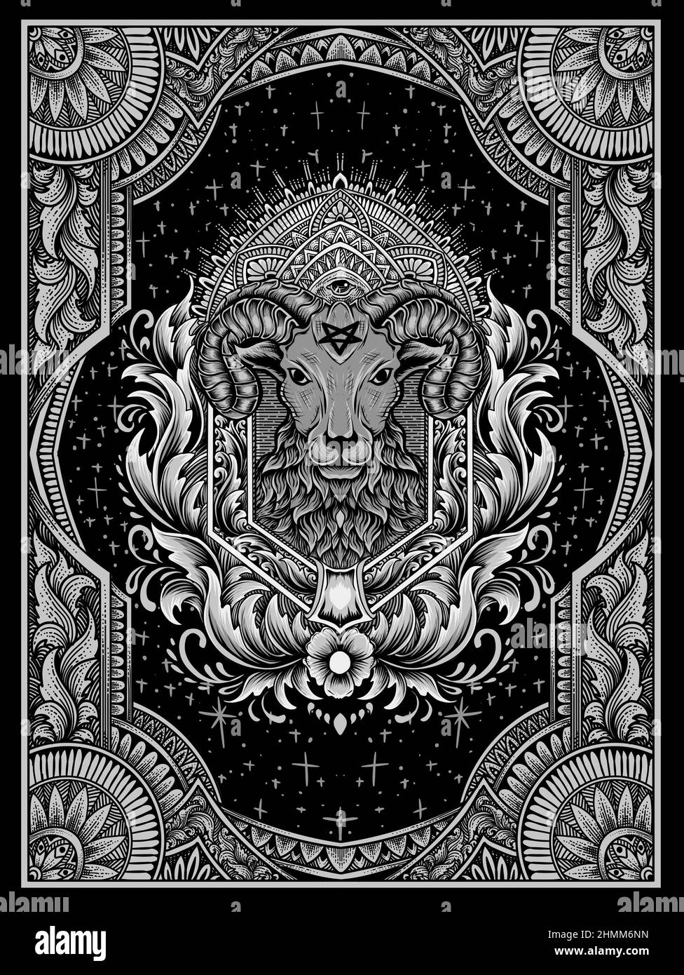 illustrazione demone di capra su ornamento di incisione vintage Foto Stock