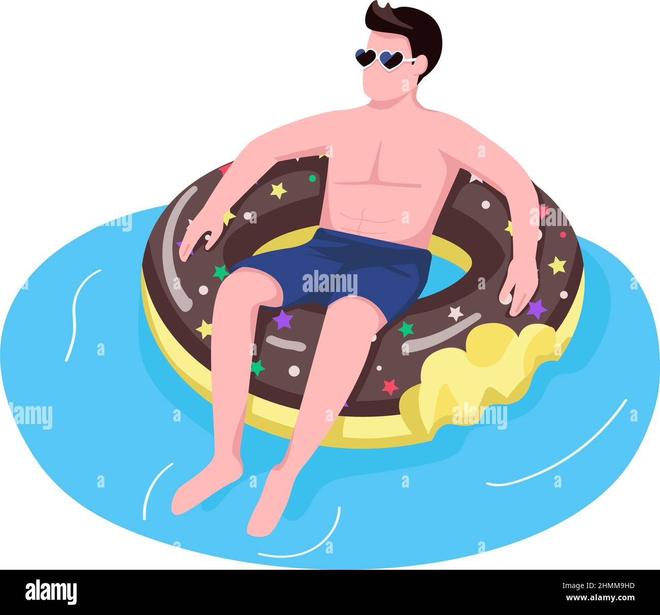 Uomo in occhiali da sole in ciambella materasso aria semi piatto colore vettore carattere Illustrazione Vettoriale