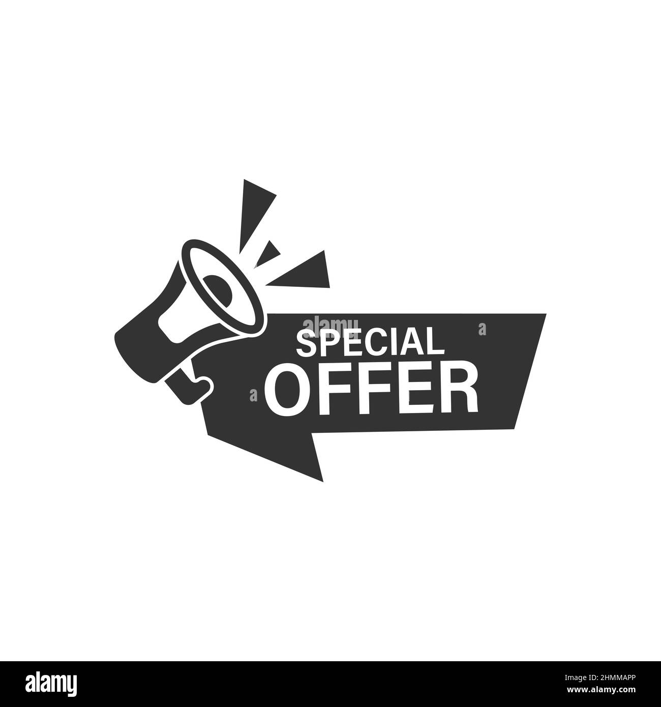 Icona dell'etichetta dell'offerta speciale in stile piatto. Megafono con illustrazione del vettore di sconto su sfondo isolato. Concetto commerciale di segno di vendita. Illustrazione Vettoriale