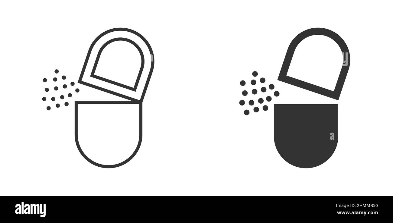 Icona di nota della pillola di vitamina in stile piatto. Illustrazione del vettore della capsula su sfondo bianco isolato. Concetto di business del segno antibiotico. Illustrazione Vettoriale