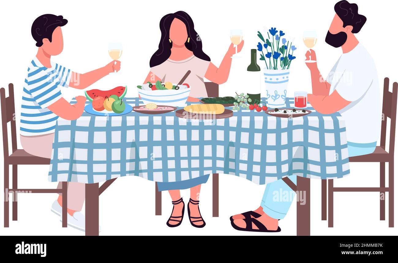 Famiglia al tavolo da pranzo semi-piatto caratteri vettoriali colore Illustrazione Vettoriale