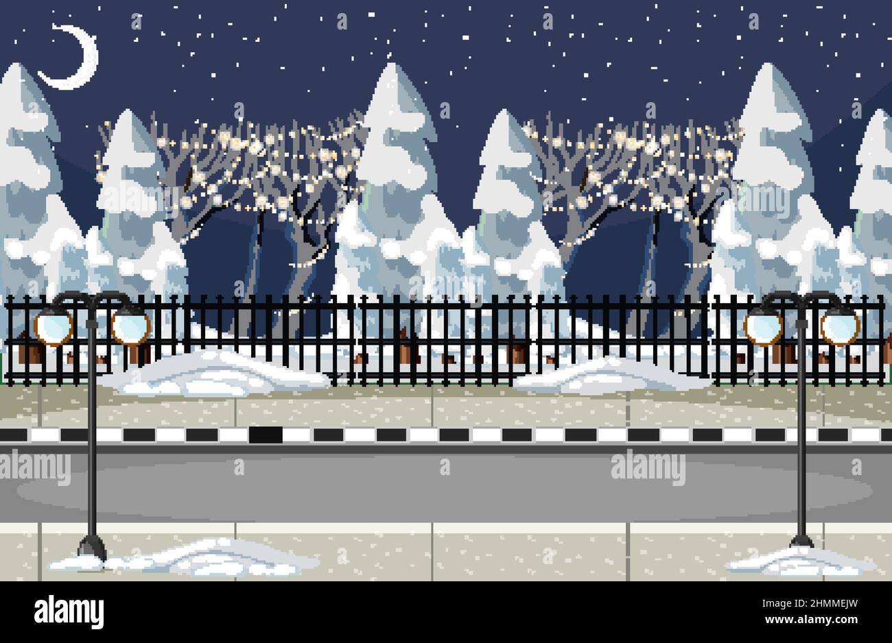 Alberi di pino coperti di neve e la strada in illustrazione della città Illustrazione Vettoriale