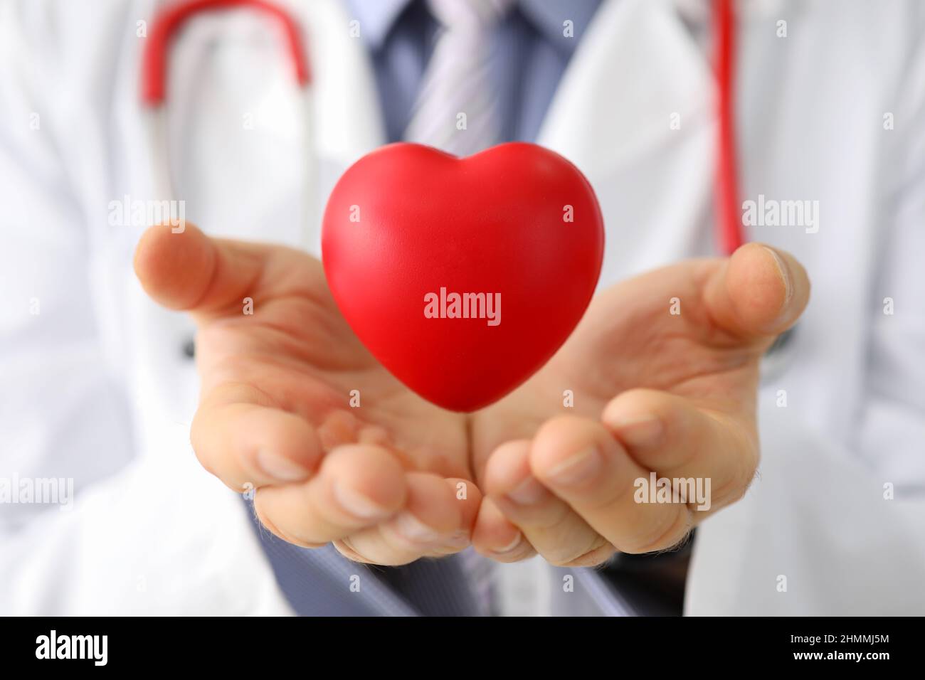 Medico cardiologo tiene piccolo rosso cuore primo piano Foto Stock