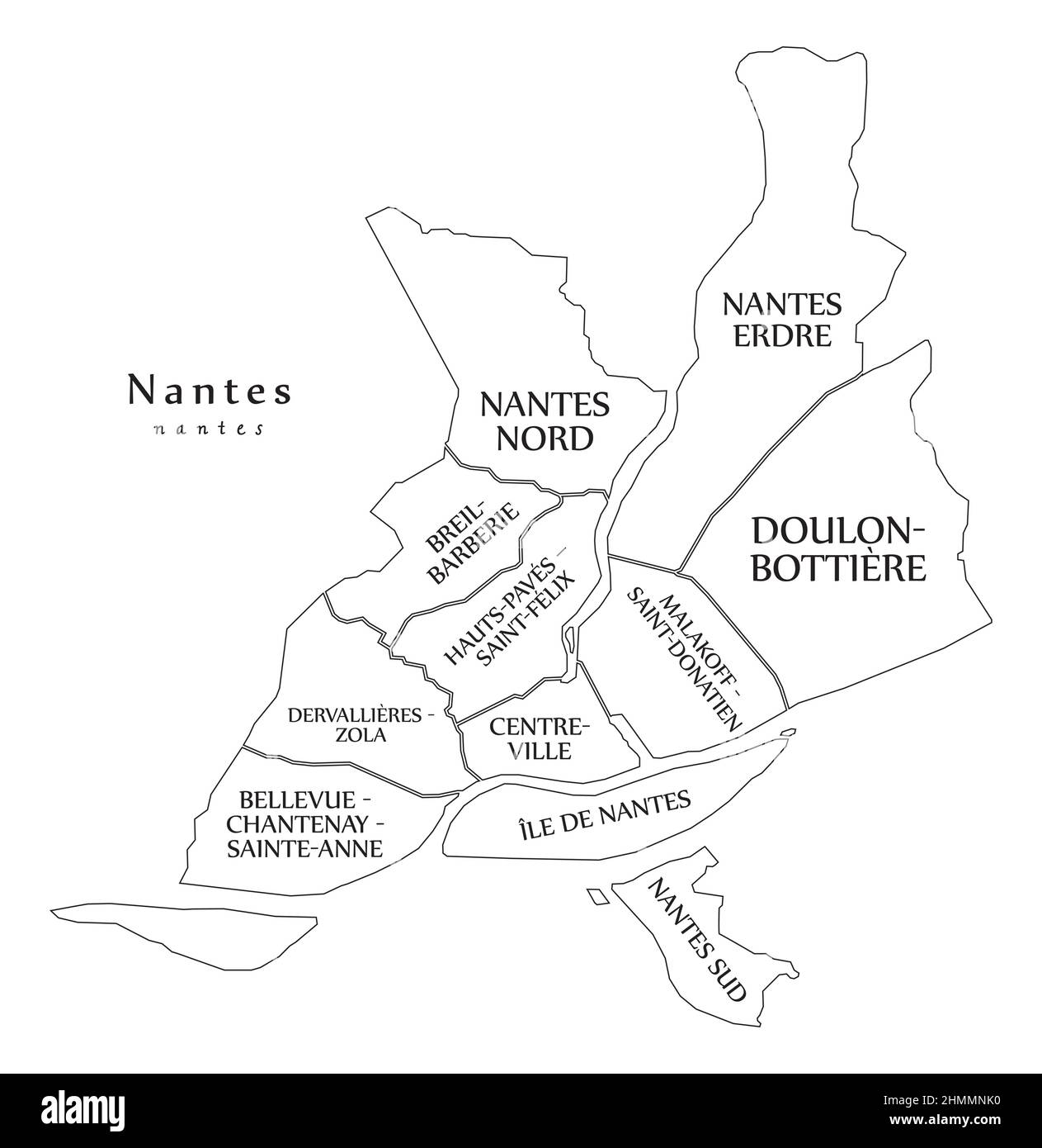 Città di Nantes con borghi e titoli mappa Illustrazione Vettoriale