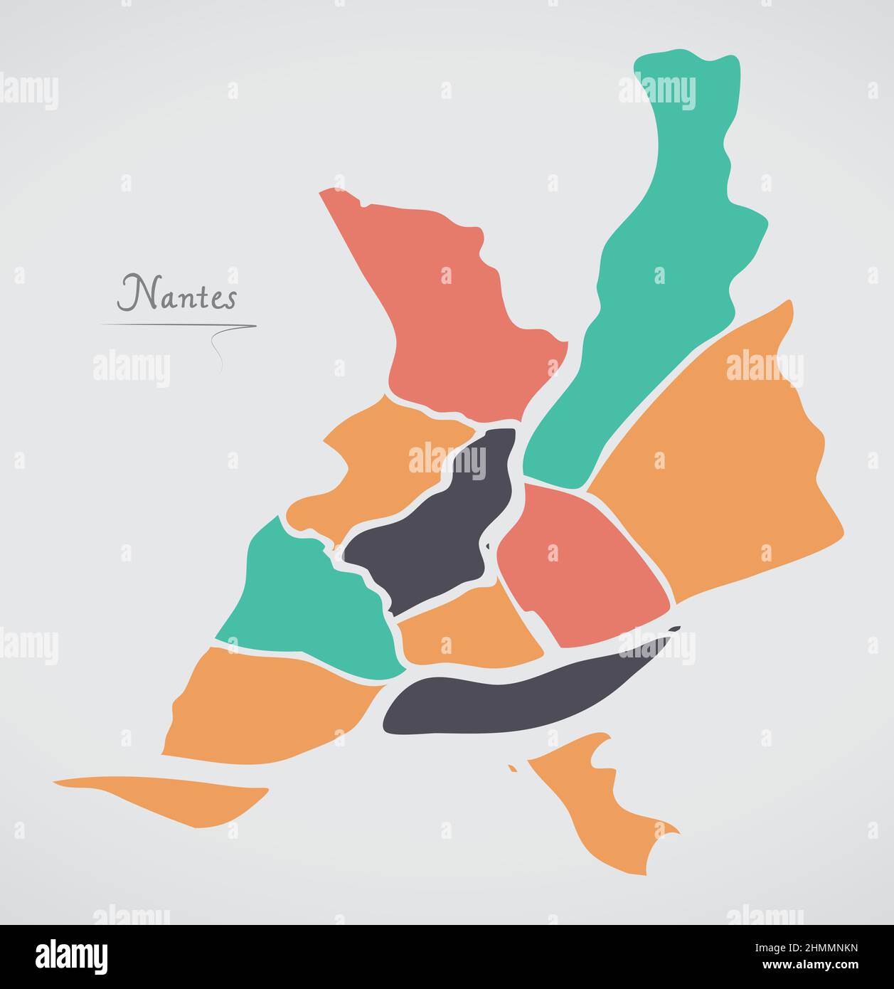 Mappa di Nantes con quartieri e moderne forme rotonde Illustrazione Vettoriale