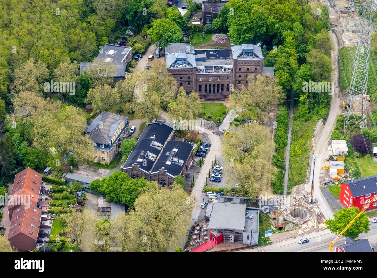 Vista aerea, doppia torre di Malakow e sala di produzione, cantiere di canali, Ückendorf, Gelsenkirchen, zona della Ruhr, Renania settentrionale-Vestfalia, Germania Foto Stock